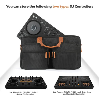 Black textured carrying case with tan leather handles and zippers for dustproof dj turntables pioneer dj ddj-flx4 ddj-rev1