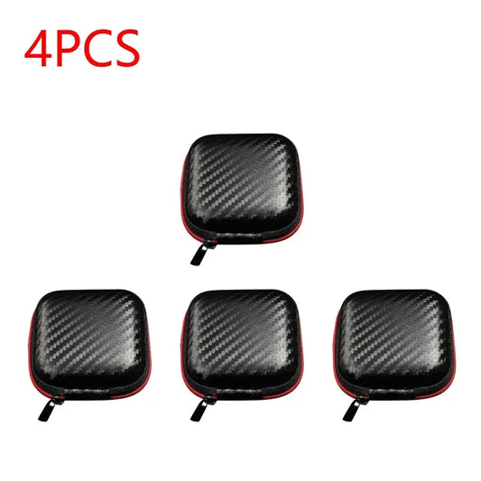 Black carbon fiber textured hard-shell portable earphones storage case container with red zipper trim for audio accessories