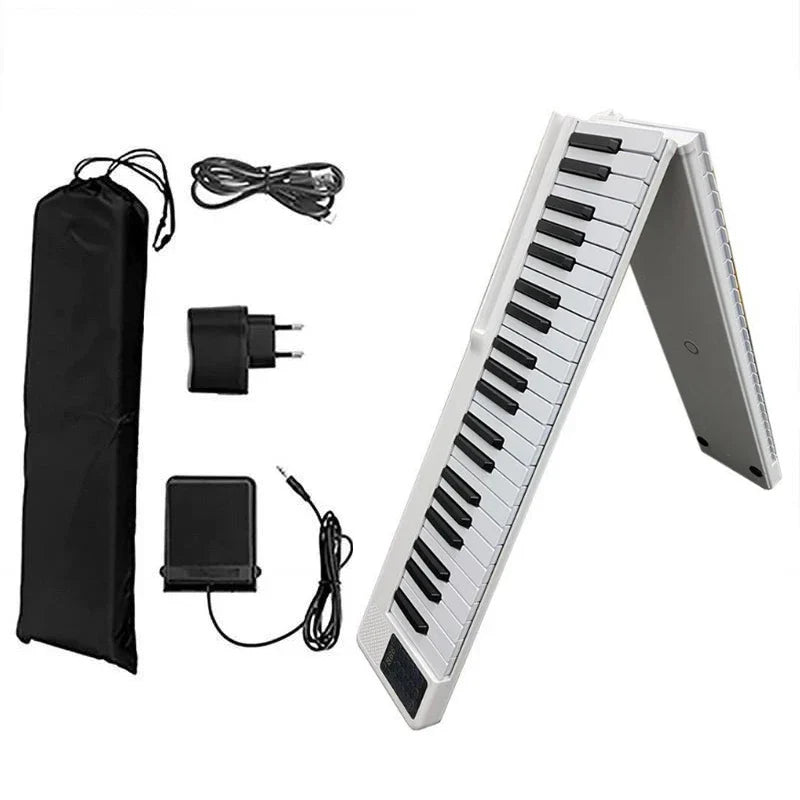 White foldable portable electronic piano with black keys and silver accents for musical keyboard beginners and professionals