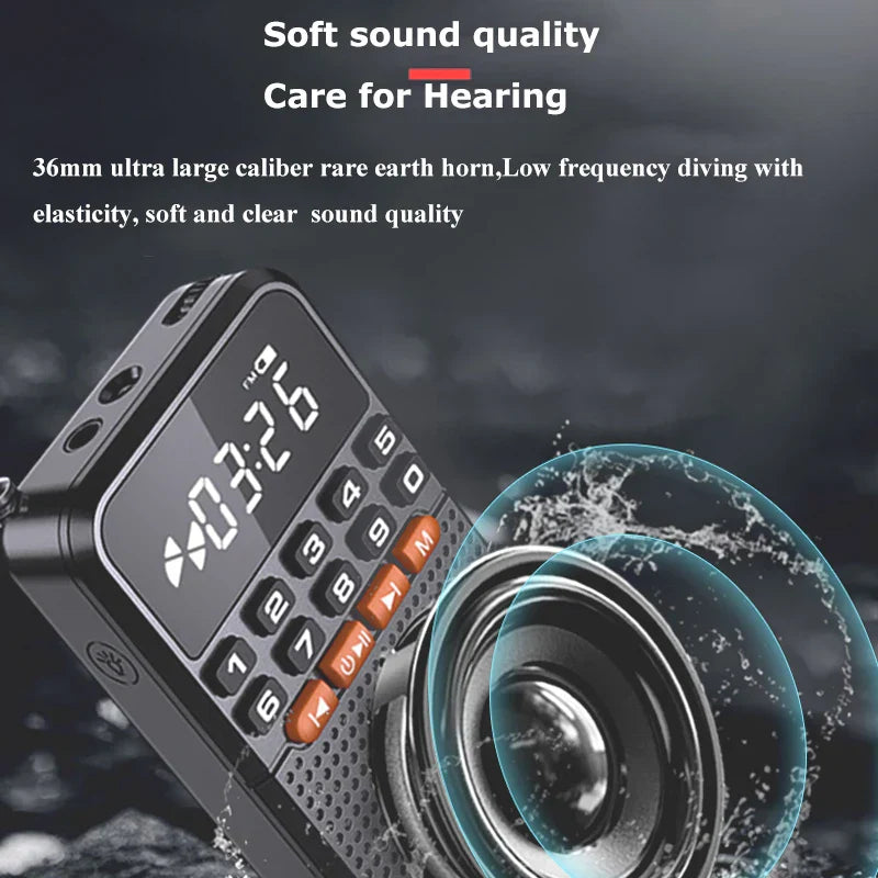 Black portable fm mini radio receiver bluetooth speaker tf card with digital display orange buttons and 36mm horn