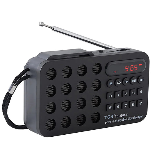 Black plastic portable fm radio mini solar bluetooth music player wireless with numeric keypad and telescopic antenna