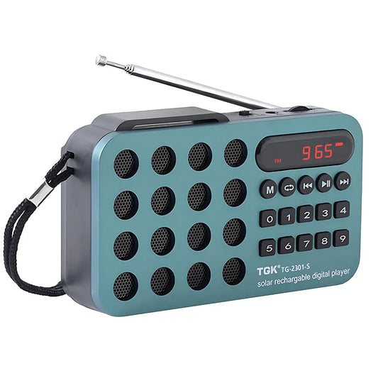 Teal tgk tg-2301-s portable fm radio rechargeable mini solar bluetooth music player wireless with silver antenna and black keypad