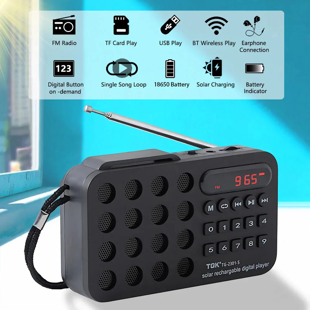Black tdk te-2301-s portable fm radio with mini solar bluetooth, numeric keypad, telescopic antenna, and card mp3 music player