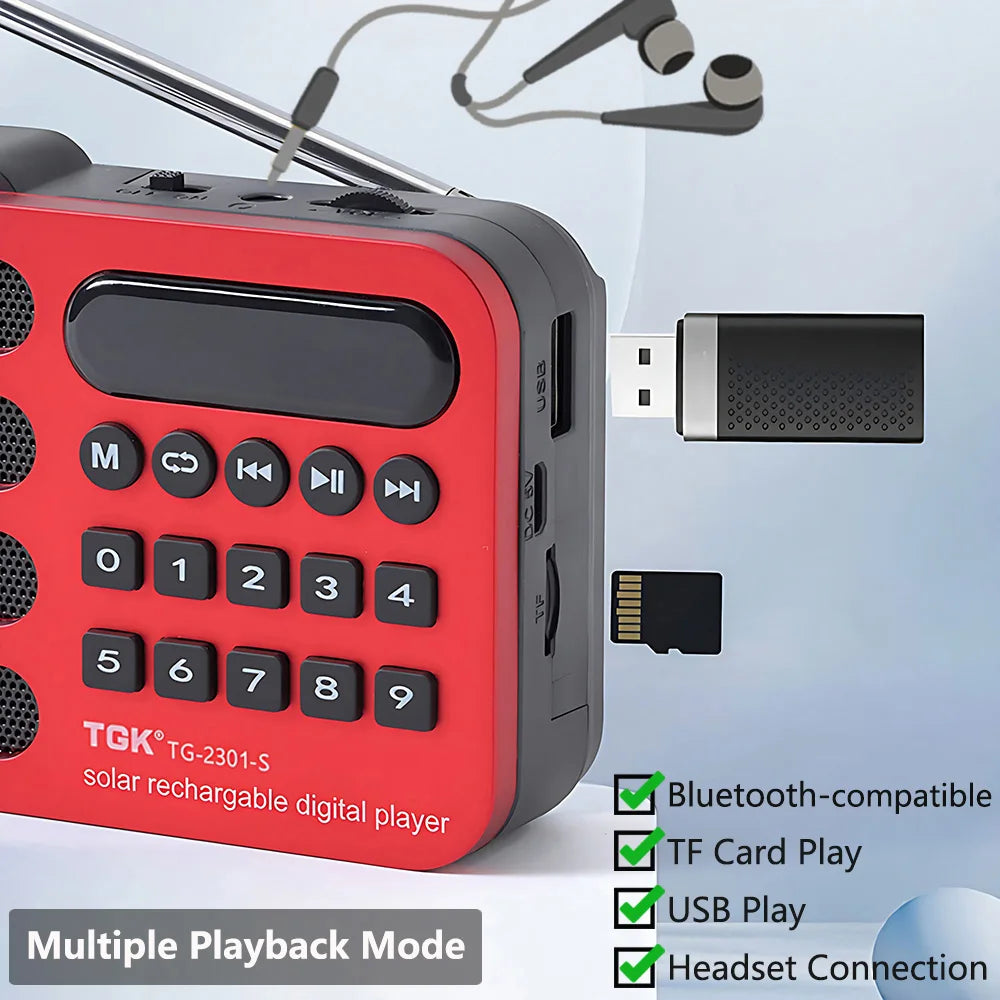 Red and black tgtk tg-2301-s portable fm radio mini solar bluetooth music player wireless with keypad and antenna