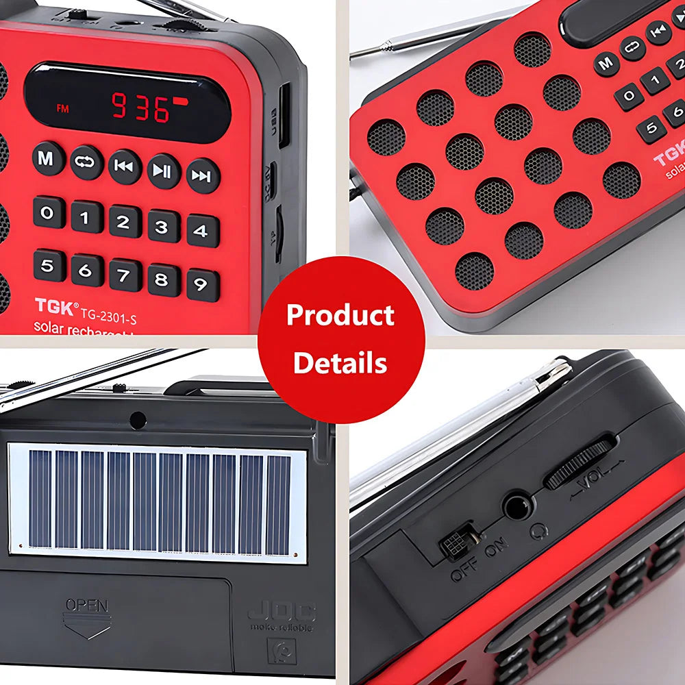Red and black tqk tg-2301-s portable fm radio mini solar bluetooth speaker with digital display and integrated solar panel