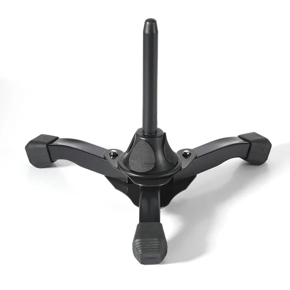 Black plastic foldable tripod stand with rubberized feet and central post for oboe wind instrument and stand clarinet accessories
