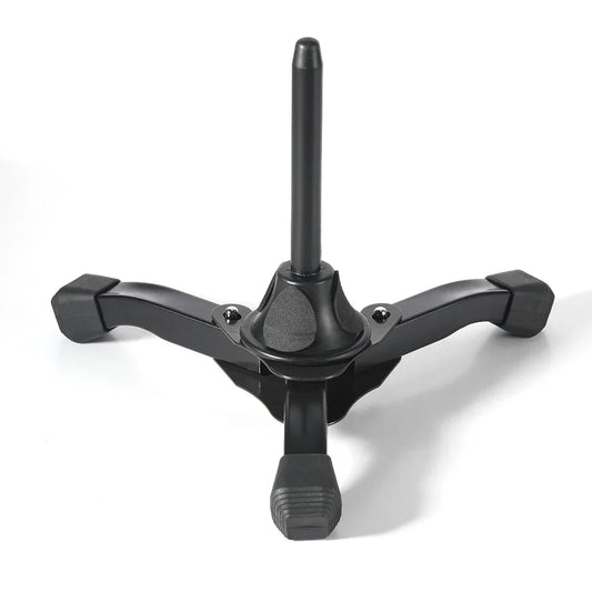 Black plastic foldable tripod stand with rubberized feet and central post for oboe wind instrument and stand clarinet accessories