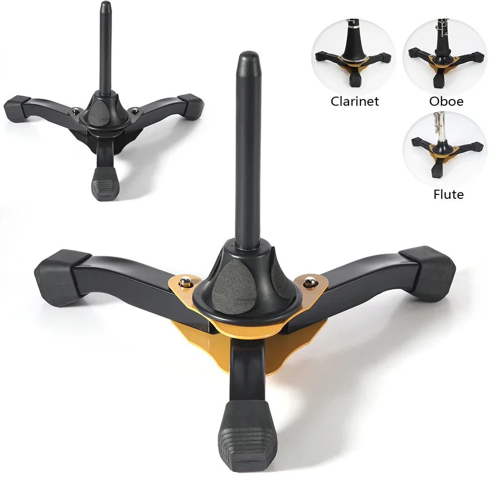 Black and gold foldable tripod stand with triple legs and adjustable post for clarinet accessories and oboe wind instrument