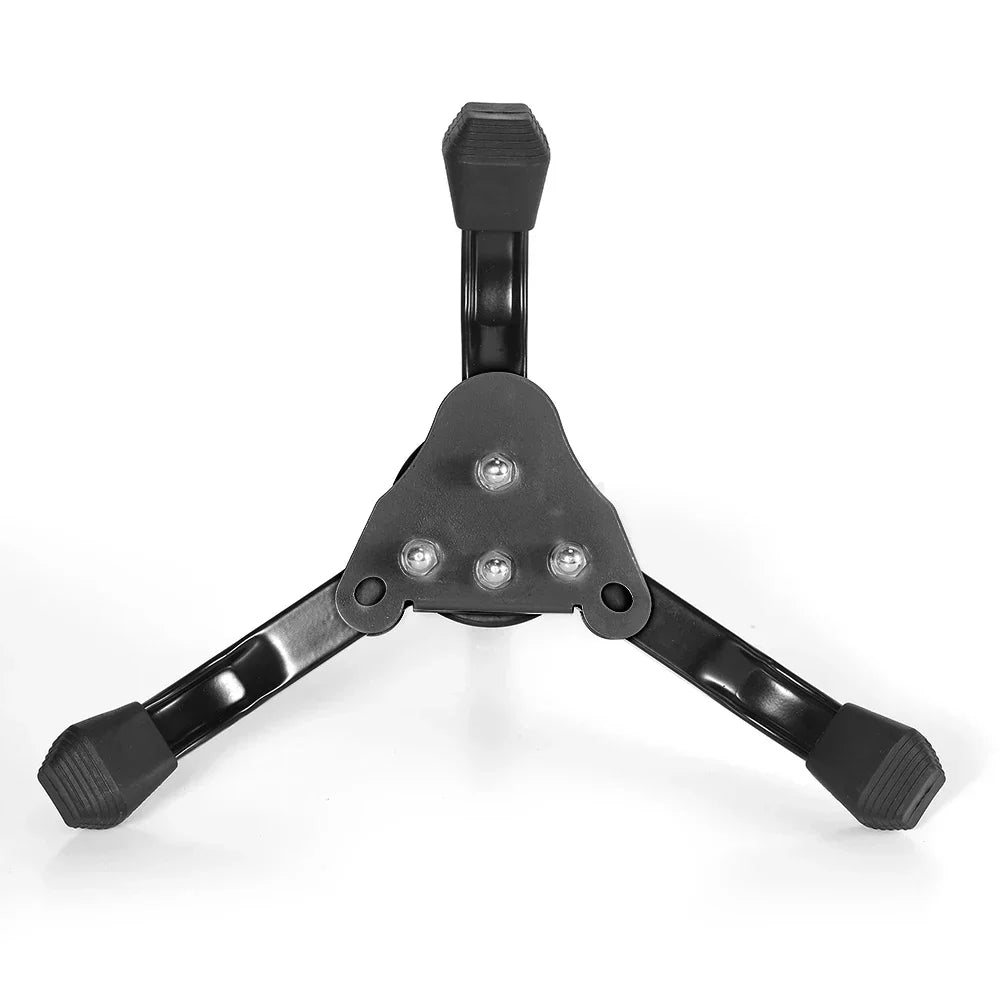 Black foldable tripod stand with rubberized feet and a central triangular plate for oboe wind instrument and stand clarinet accessories