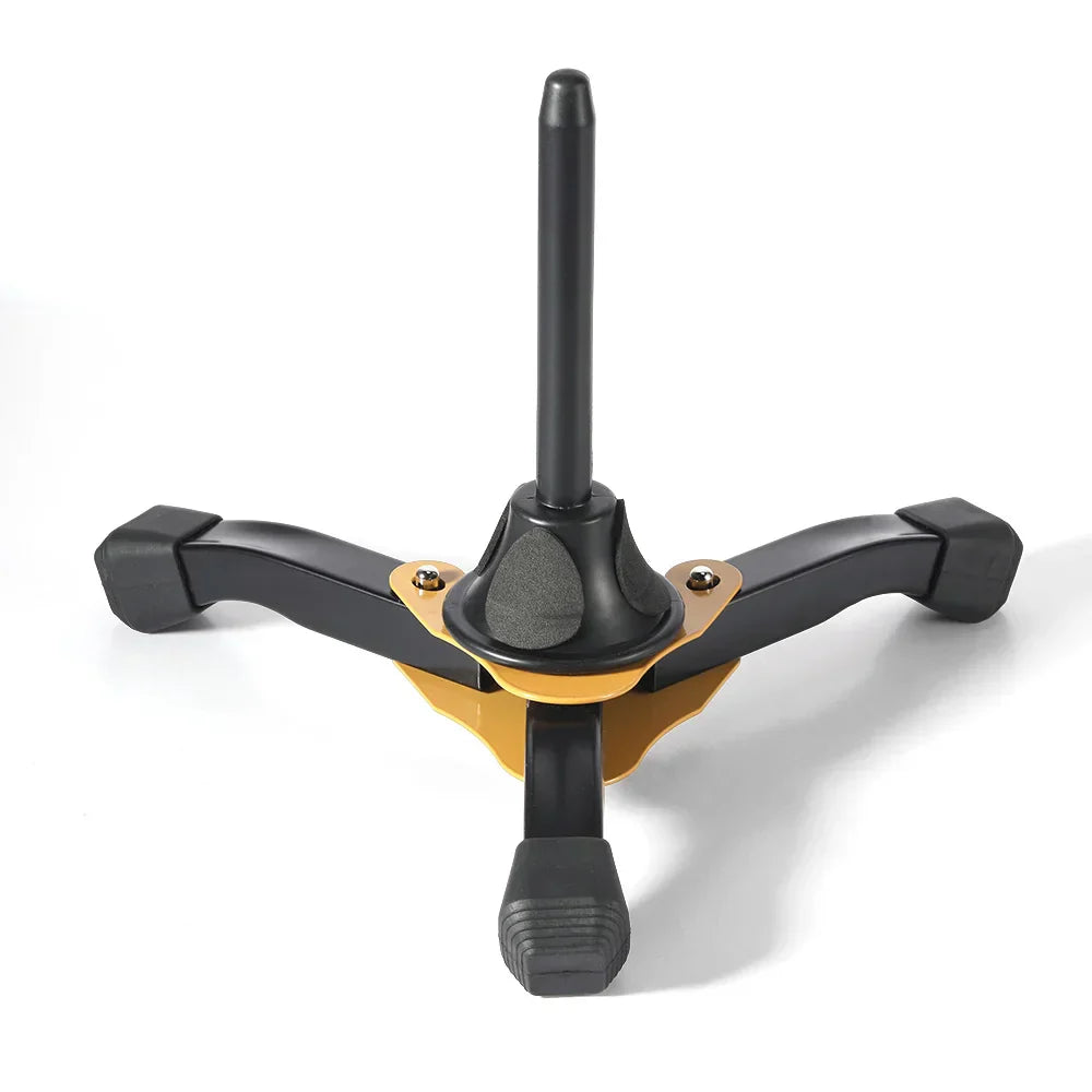Black and gold foldable tripod stand with rubberized feet for secure support of oboe wind instrument and stand clarinet accessories