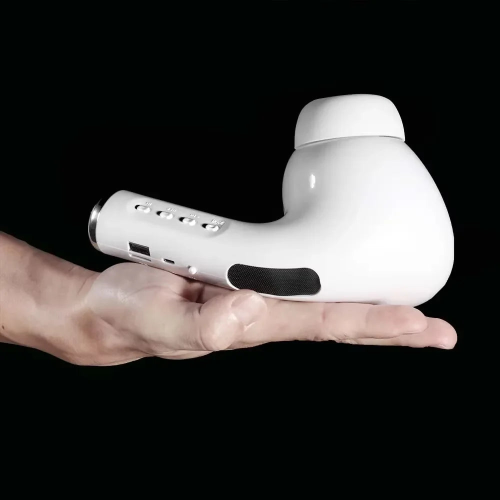 White sleek portable giant earphone mode bluetooth speaker stereo music player with glossy finish and black grip area