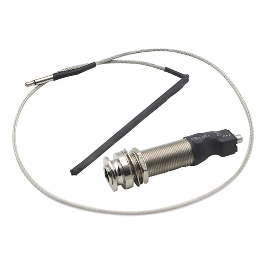 Silver portable guitar endpin preamp pickup with black housing and braided cable for acoustic ukulele use