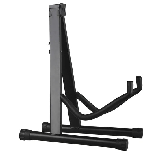 Black metal portable guitar folding stand with adjustable legs and padded armrests for guitar bass string instruments