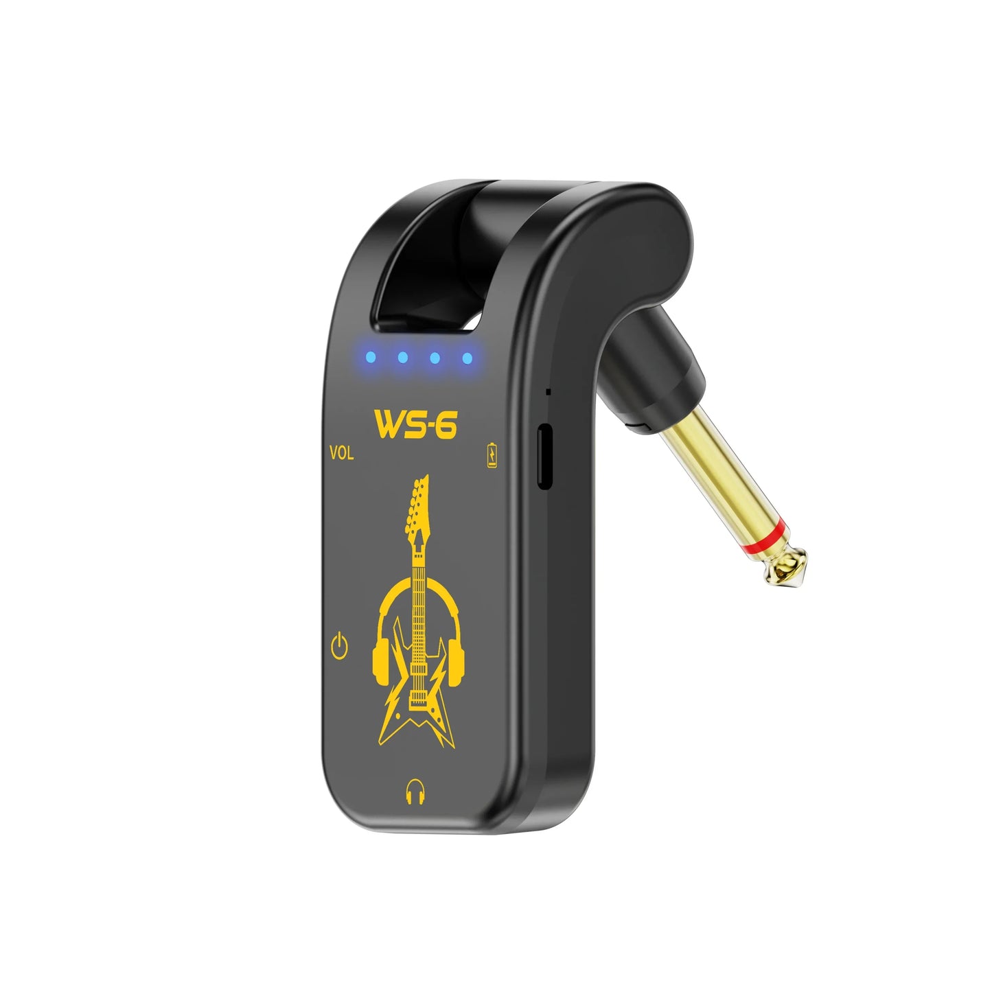 Black wireless guitar pickup with yellow graphic design and gold-plated 6.35mm jack for portable guitar headphone mini amp with rechargeable lithium battery