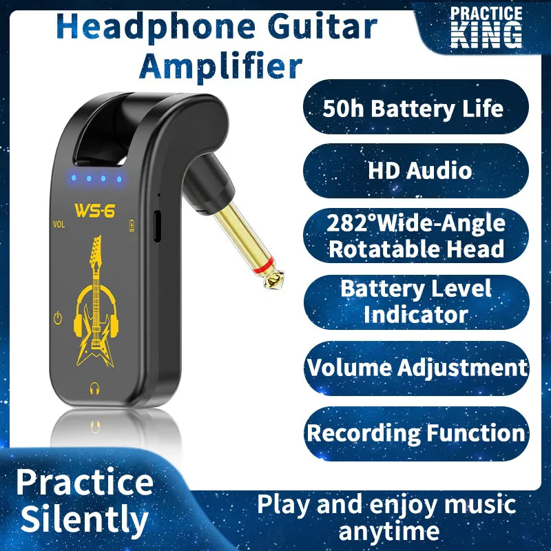 Black portable guitar headphone mini amp with yellow design and gold 1/4-inch jack featuring rechargeable lithium battery