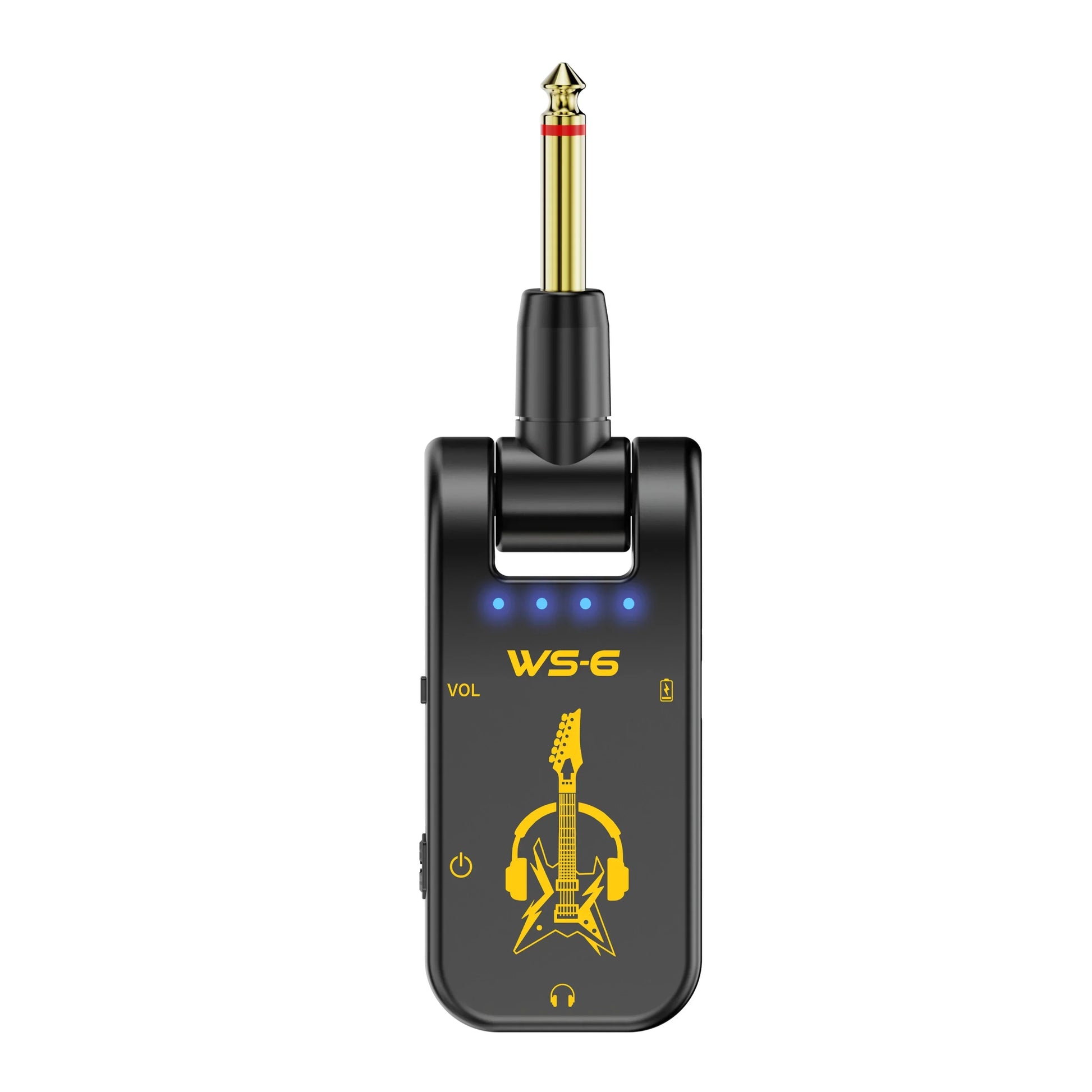 Black ws-6 wireless guitar transmitter with gold-plated input jack and yellow design for portable guitar headphone mini amp with rechargeable lithium battery