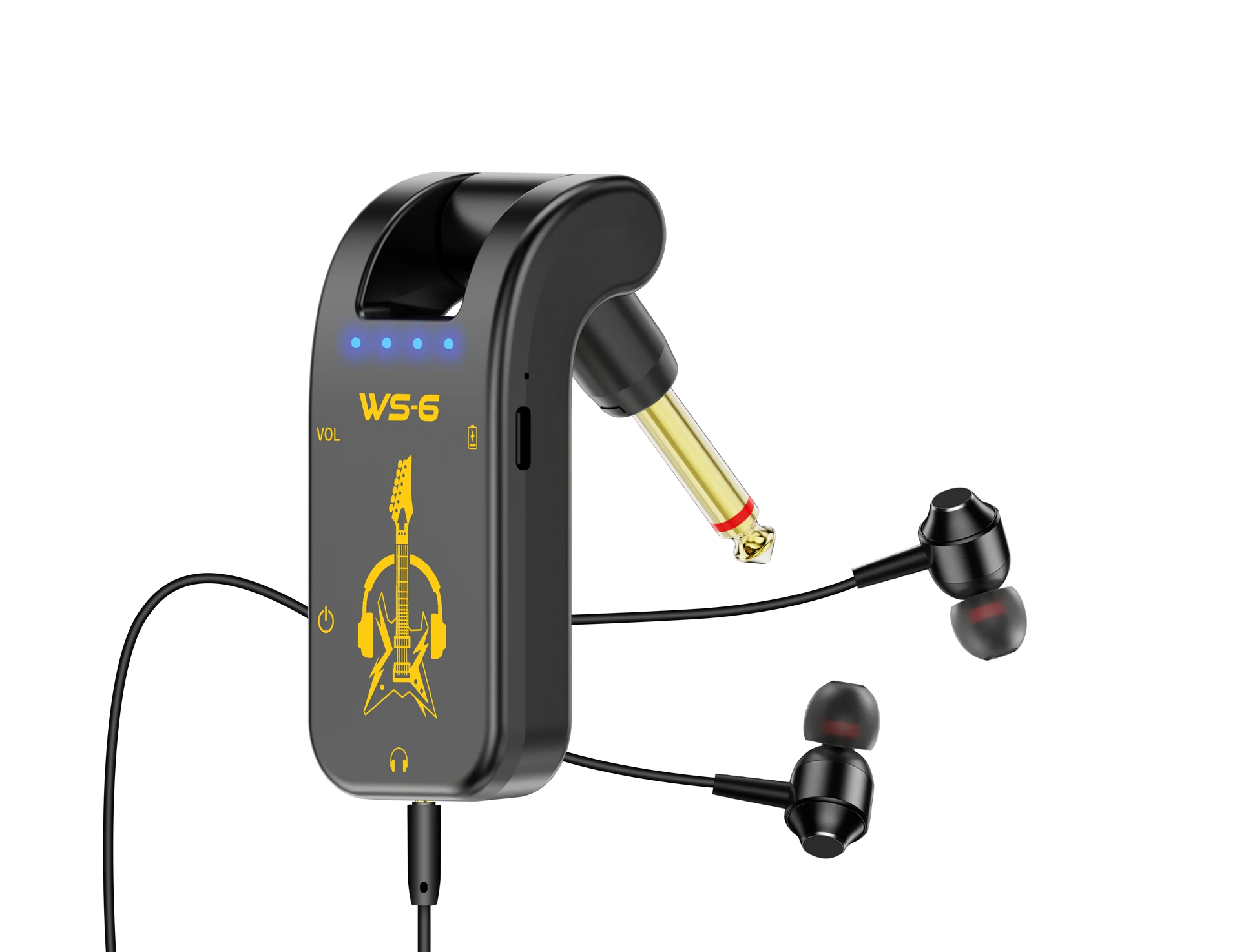 Black ws-6 portable guitar headphone mini amp with rechargeable lithium battery and glowing blue indicators connected to earbuds