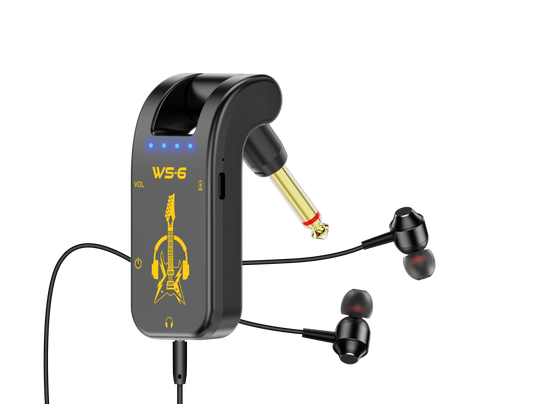 Black ws-6 portable guitar headphone mini amp with rechargeable lithium battery and glowing blue indicators connected to earbuds