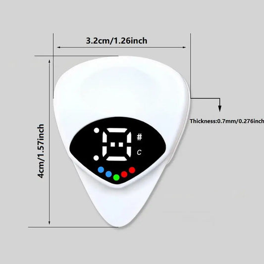 White portable guitar pick tuner combo with black display showing musical notes and colored led indicators for acoustic guitar tuners