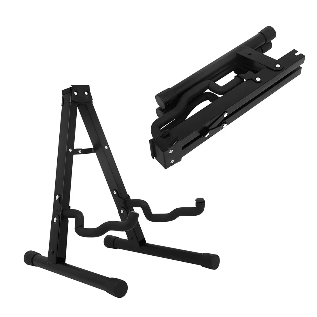 Black metal portable guitar stand with adjustable arms and rubberized feet sturdy stable string holder foldable tripod