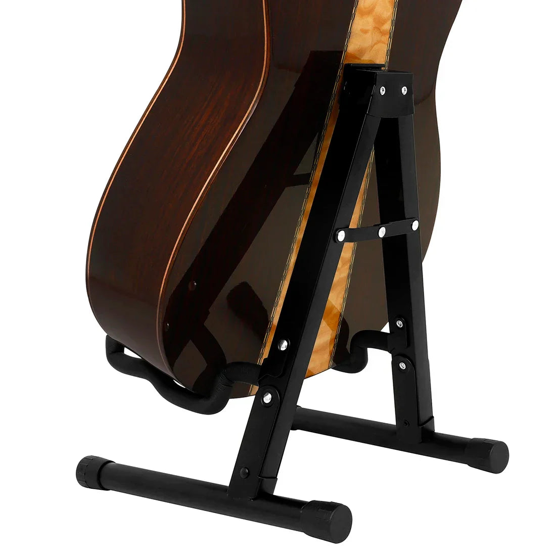Black metal portable guitar stand holder foldable tripod supporting dark brown acoustic guitar with light wood grain back