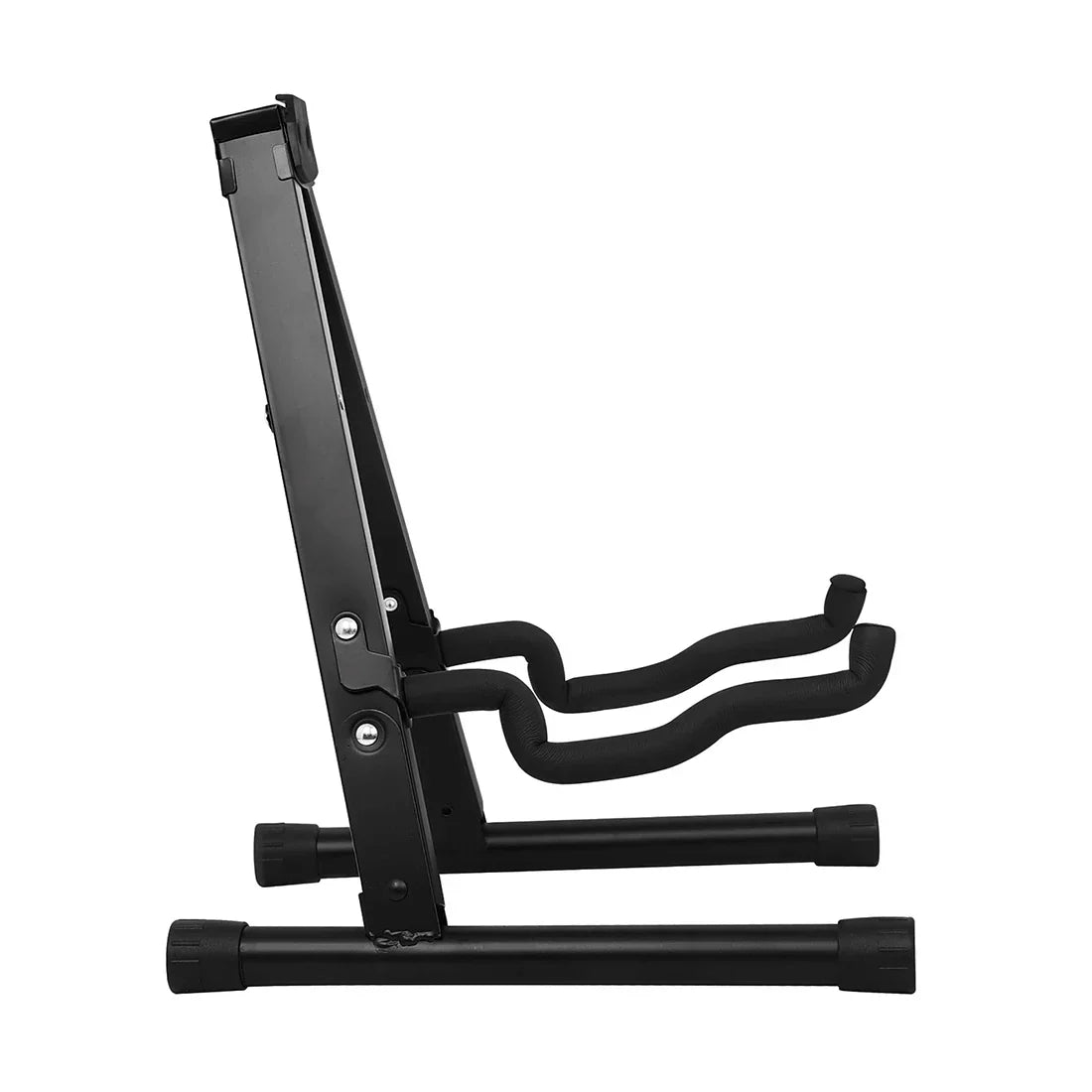 Black metal portable guitar stand with padded curved arms sturdy stable string holder foldable tripod instrument support