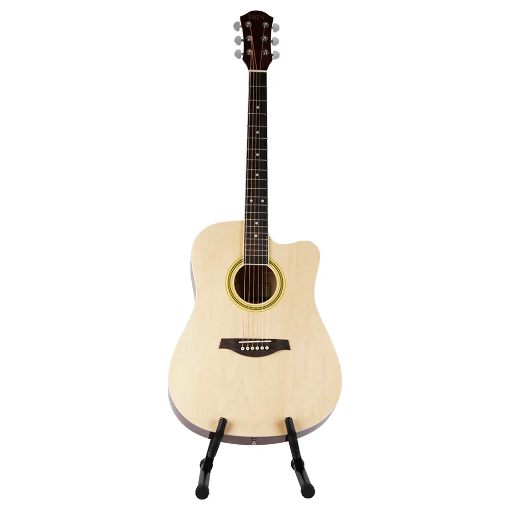 Light-colored acoustic guitar with cutaway on a portable guitar stand musical bracket foldable tripod holder stable