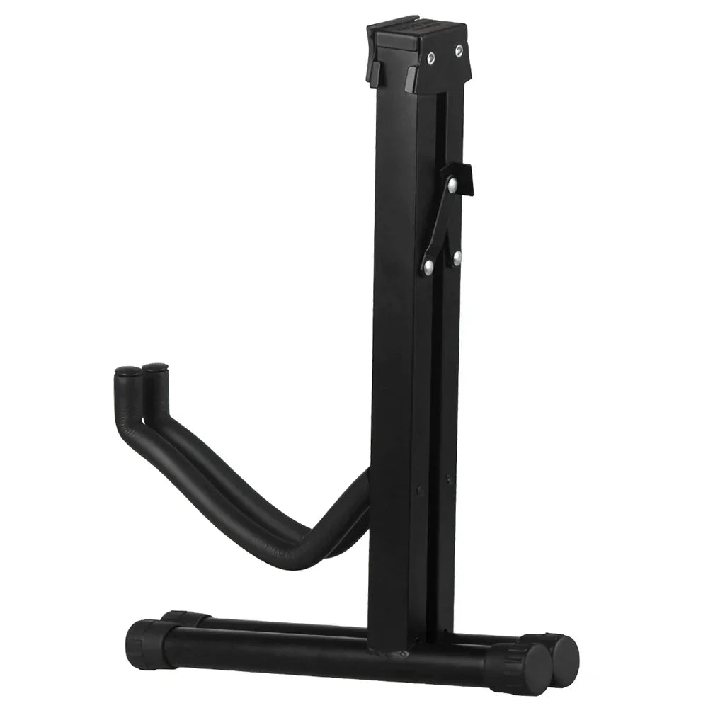 Black metal portable guitar stand with padded armrest and adjustable height musical bracket foldable tripod holder