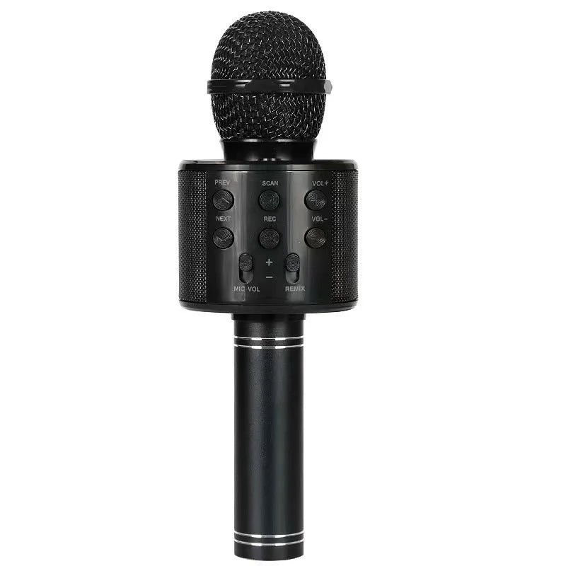 Black wireless karaoke microphone speaker with control buttons and silver accents for kids music player and singing recorder