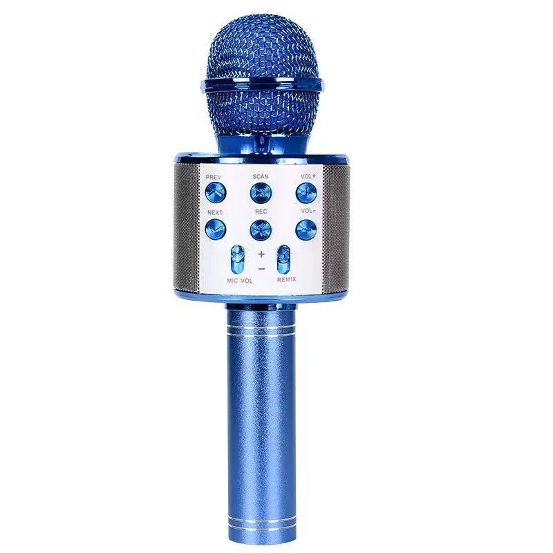 Blue portable handheld wireless karaoke microphone speaker with mesh grille and metallic finish handle for kids music player and singing recorder