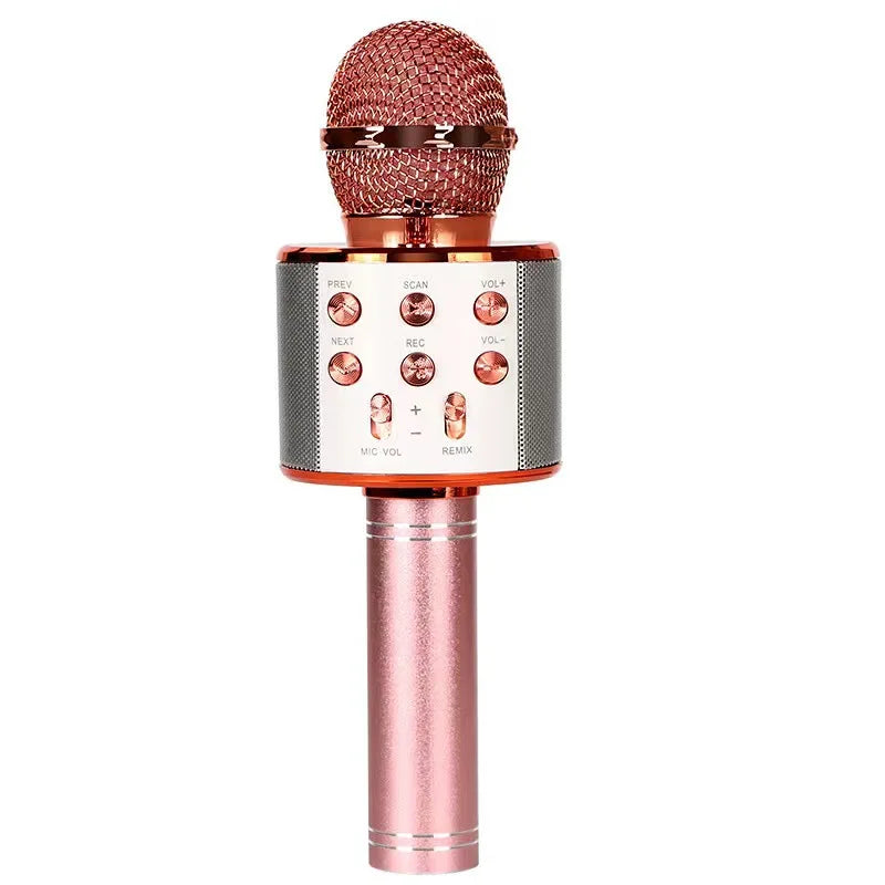 Rose gold wireless karaoke microphone speaker with mesh grille and control buttons for kids music player and singing recorder