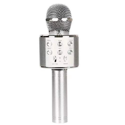 Silver wireless karaoke microphone speaker with mesh grille and control buttons for kids music player singing recorder ktv