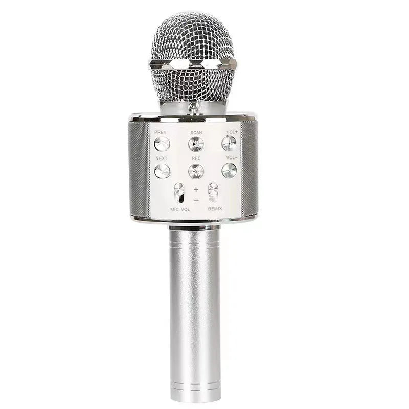 Silver wireless karaoke microphone speaker with mesh grille and control buttons for kids music player and singing recorder
