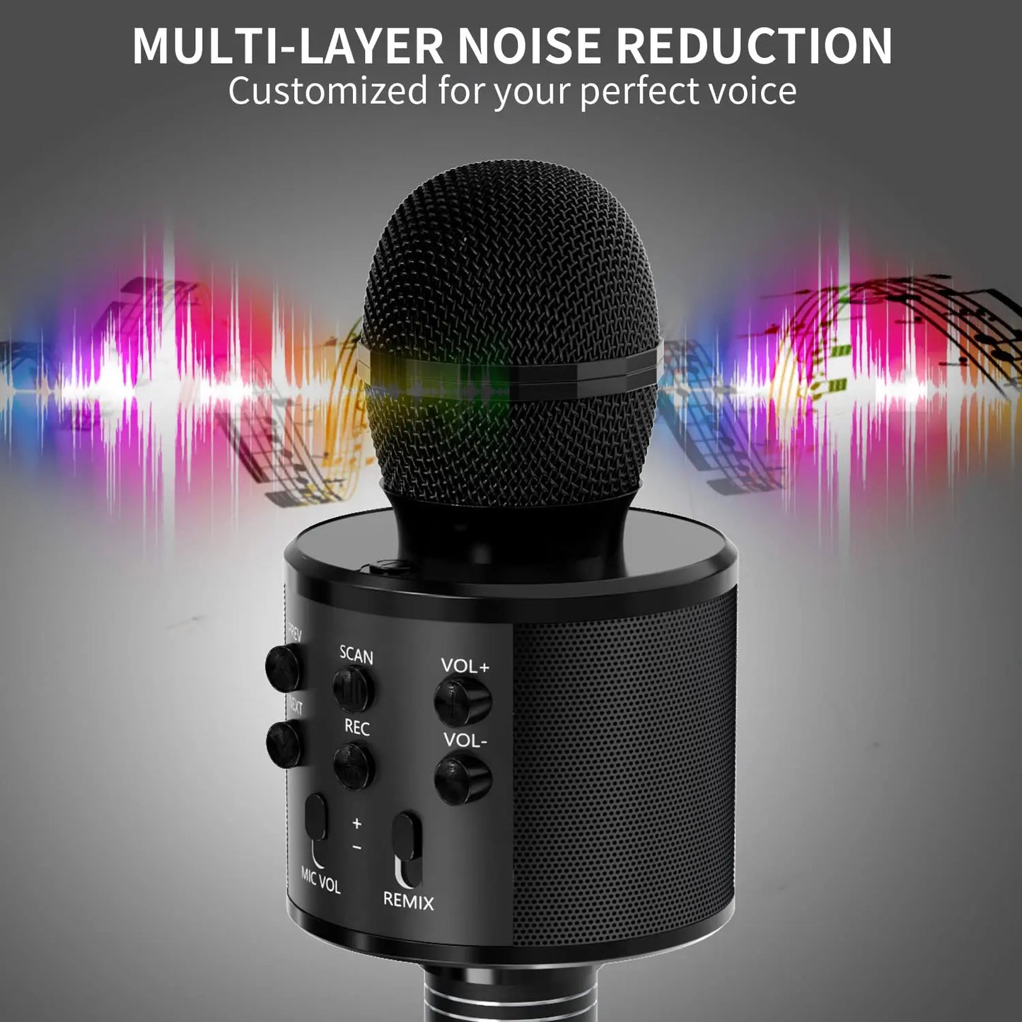Black wireless karaoke microphone speaker with built-in control buttons for kids music player and player singing recorder use