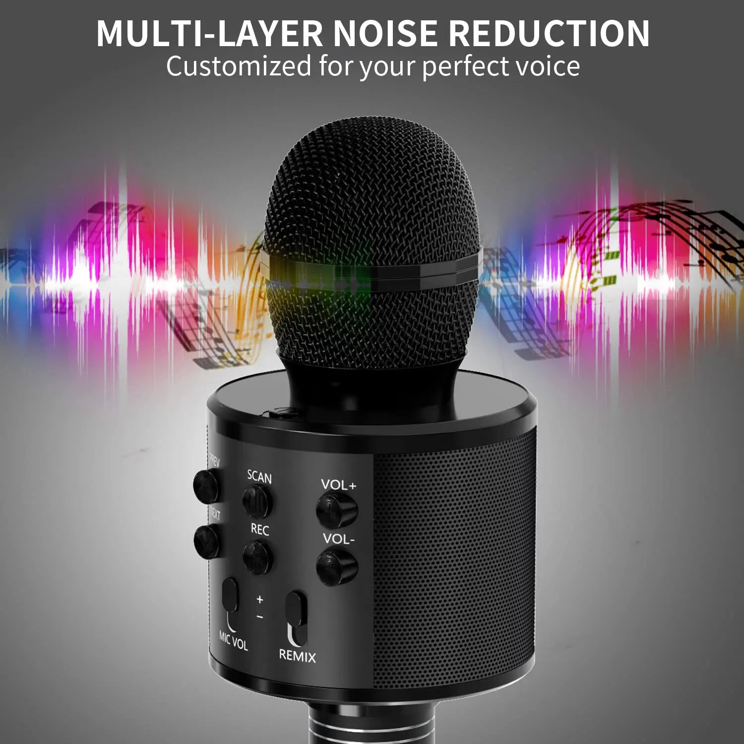 Black wireless karaoke microphone speaker with built-in control buttons for kids music player and player singing recorder use