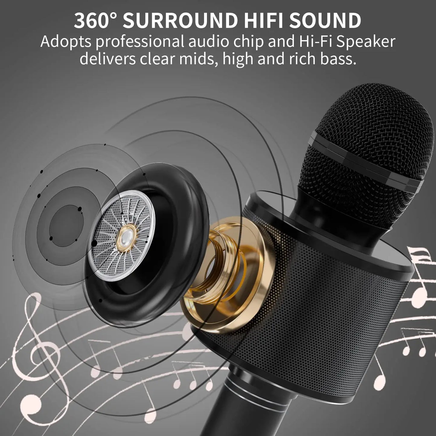 Black wireless karaoke microphone speaker with gold mesh grille designed as a kids music player and singing recorder