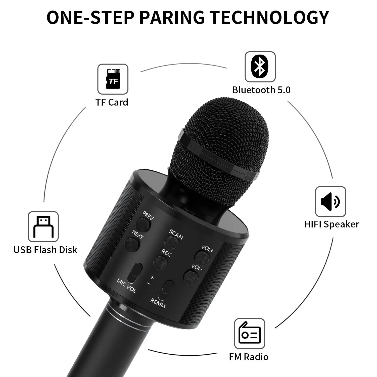 Black wireless karaoke microphone speaker with mesh grille and control buttons for kids music player and singing recorder