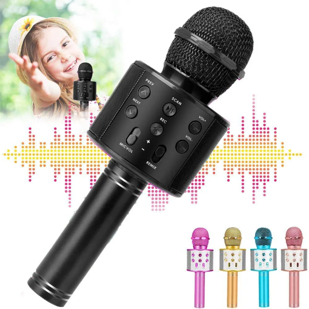 Black portable handheld wireless karaoke microphone speaker with mesh grille and control buttons for kids music player singing recorder