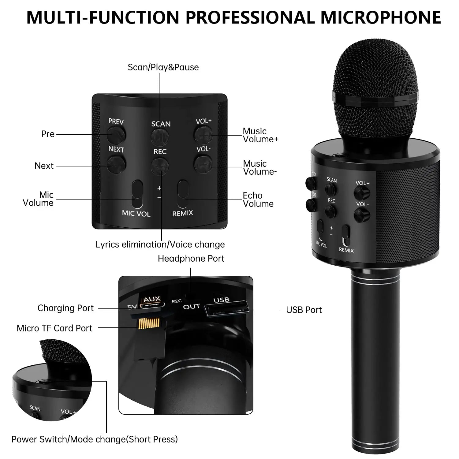 Black portable handheld wireless karaoke microphone speaker with mesh grille and control buttons for kids music player