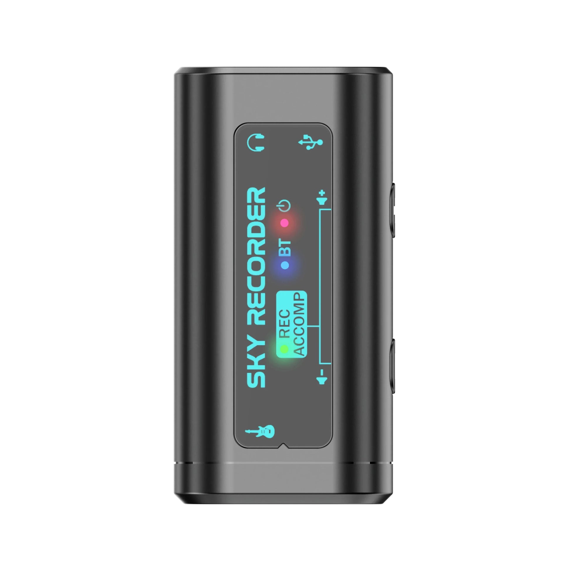 Black rectangular portable hd audio recorder with matte finish and blue led indicators for guitar recording and type beat music