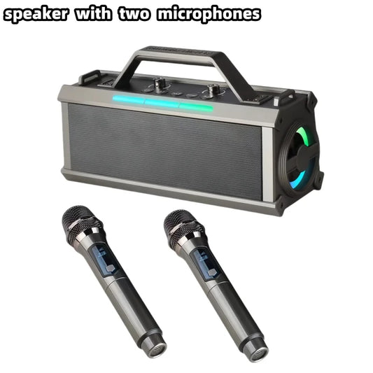 Black and silver portable karaoke machine with glowing blue led lights, handle, three echo levels, and outdoor modes deep bass