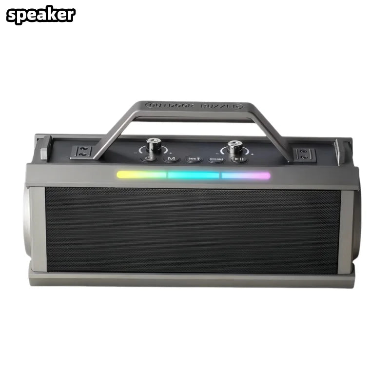 Gray portable karaoke machine with handle black mesh front grille rgb led strip supports three echo levels outdoor modes deep bass