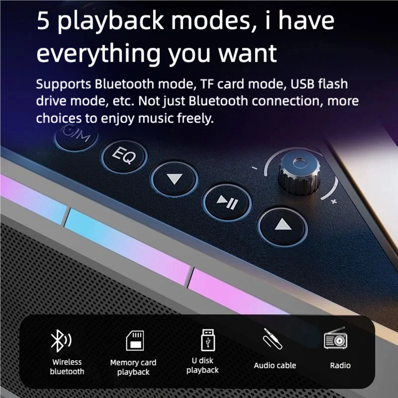 Black portable karaoke machine with rgb lighting, two microphones, three echo levels, and outdoor modes deep bass