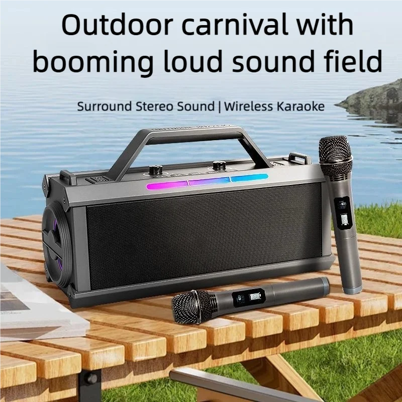 Black and silver portable karaoke machine with two microphones three echo levels and outdoor modes deep bass support