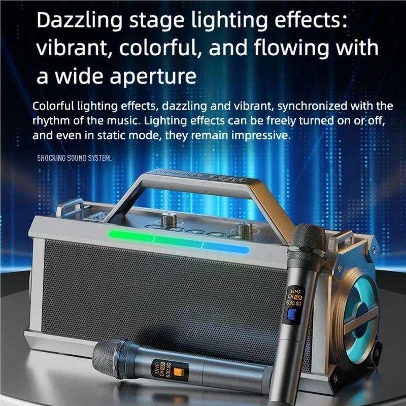 Silver and black portable karaoke machine with handle and colorful led lighting features three echo levels and outdoor modes deep bass