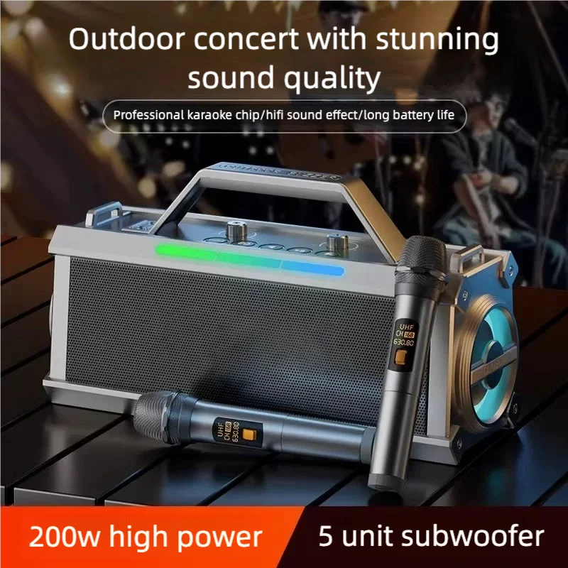 Silver and black portable karaoke machine with handle led lighting built-in microphone supports three echo levels and outdoor modes deep bass