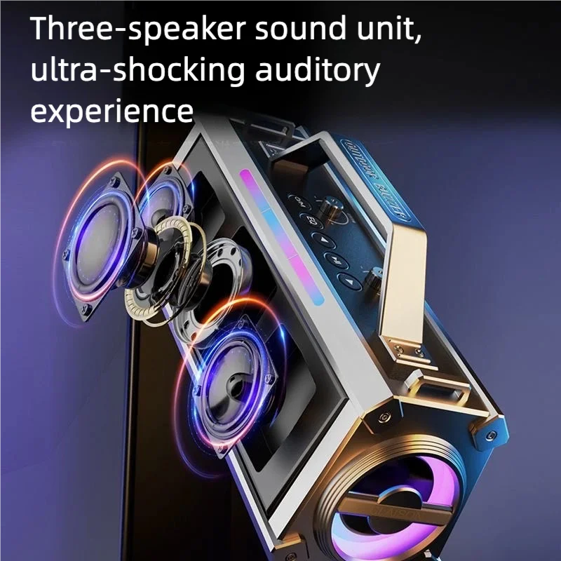 A sleek portable karaoke machine with metallic silver and gold finish, three echo levels, and vibrant purple led speakers for outdoor modes deep bass