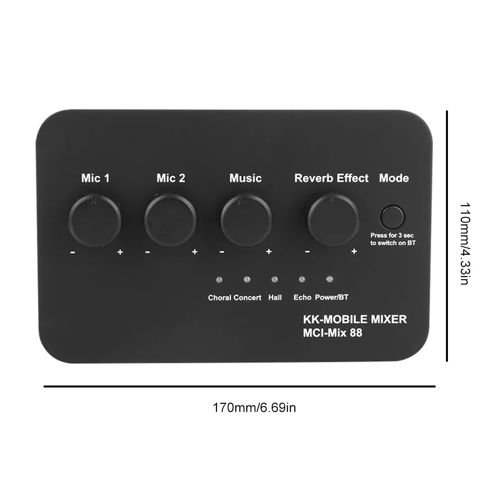 Black kk-mobile mci-mix 88 portable karaoke microphone mixer with four rotary knobs for mic music and reverb effect mode