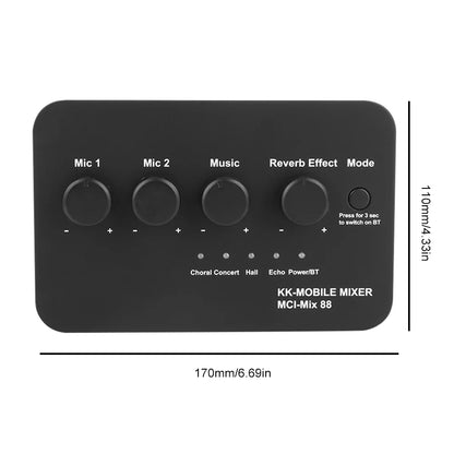 Black kk-mobile mci-mix 88 portable karaoke microphone mixer with four rotary knobs for mic music and reverb effect mode