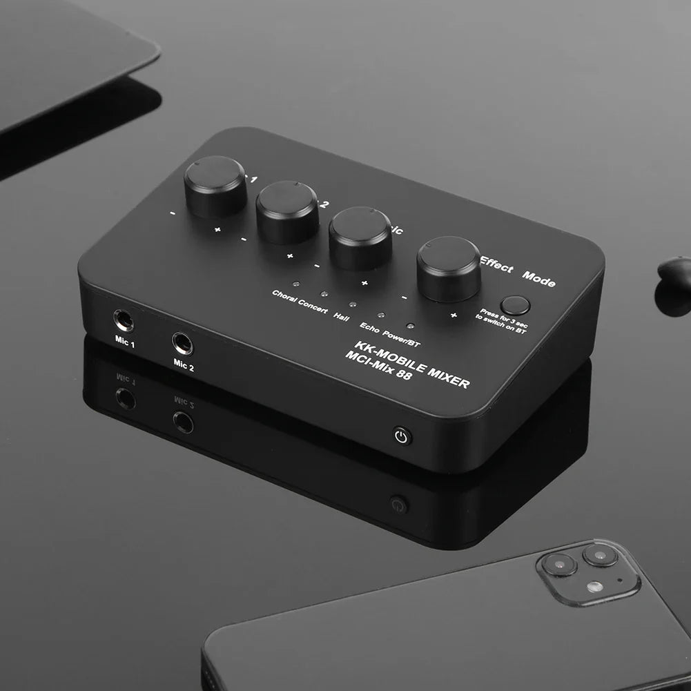 Black kk-model mci-mix 88 portable karaoke microphone mixer with four knobs and two mic inputs for home party use